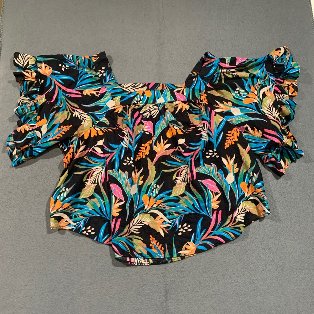 Terra & Sky Womens 4X Black Tropical Floral Square Neck Ruffle Sleeve Cotton Top